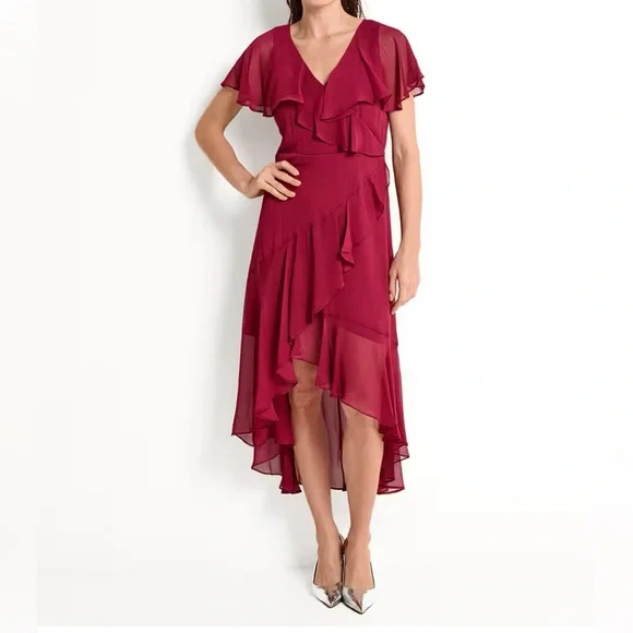 DKNY V-Neck Ruffled High-Low Hem burgundy dress size:6 - Picture 1 of 16